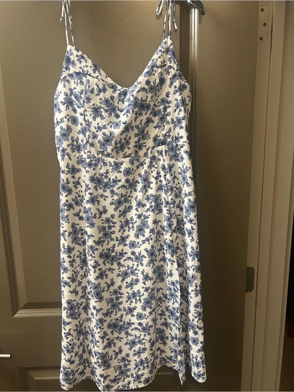 White Midi Slip Dress with Blue Floral Print